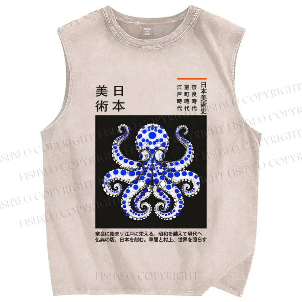 Unisex Japanese Art Octopus Printed Washed Tank Top