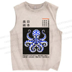 Unisex Japanese Art Octopus Printed Washed Tank Top