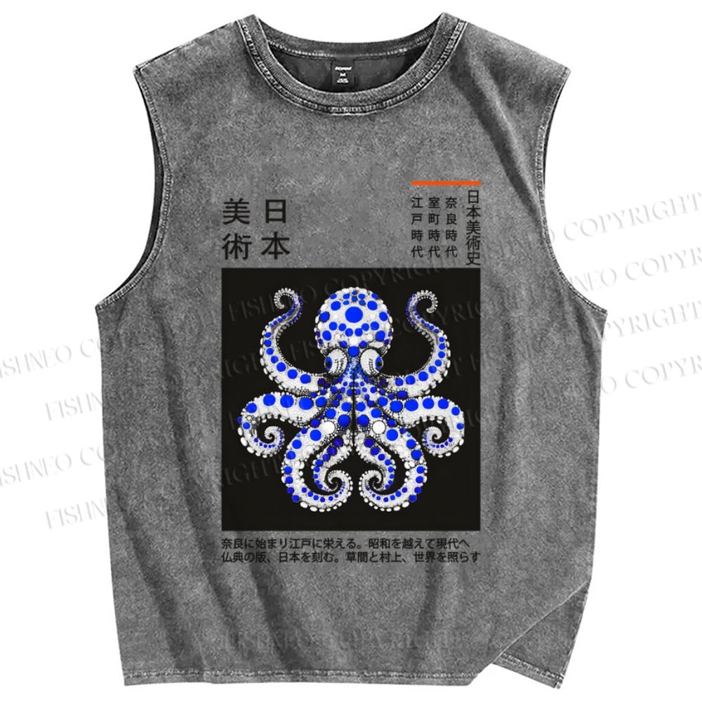 Unisex Japanese Art Octopus Printed Washed Tank Top