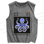 Unisex Japanese Art Octopus Printed Washed Tank Top