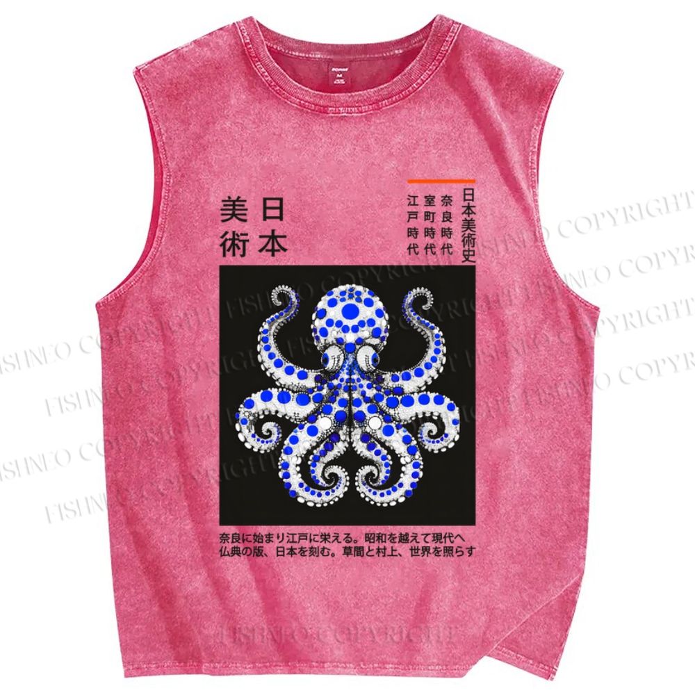 Unisex Japanese Art Octopus Printed Washed Tank Top