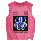Unisex Japanese Art Octopus Printed Washed Tank Top