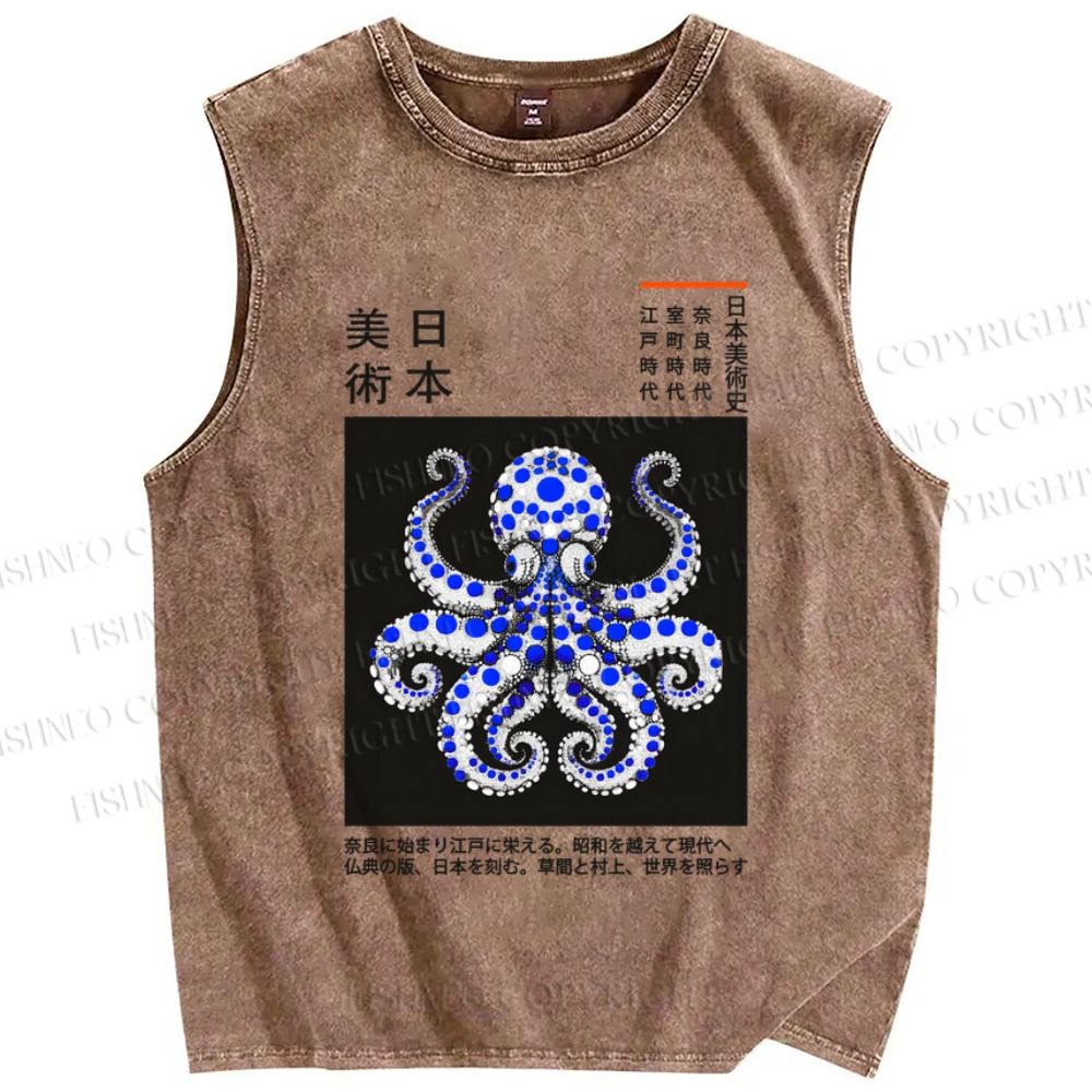 Unisex Japanese Art Octopus Printed Washed Tank Top