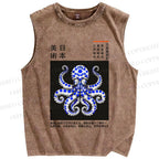 Unisex Japanese Art Octopus Printed Washed Tank Top