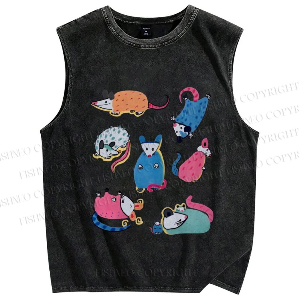 Unisex Cartoon Opossums Printed Washed Tank Top
