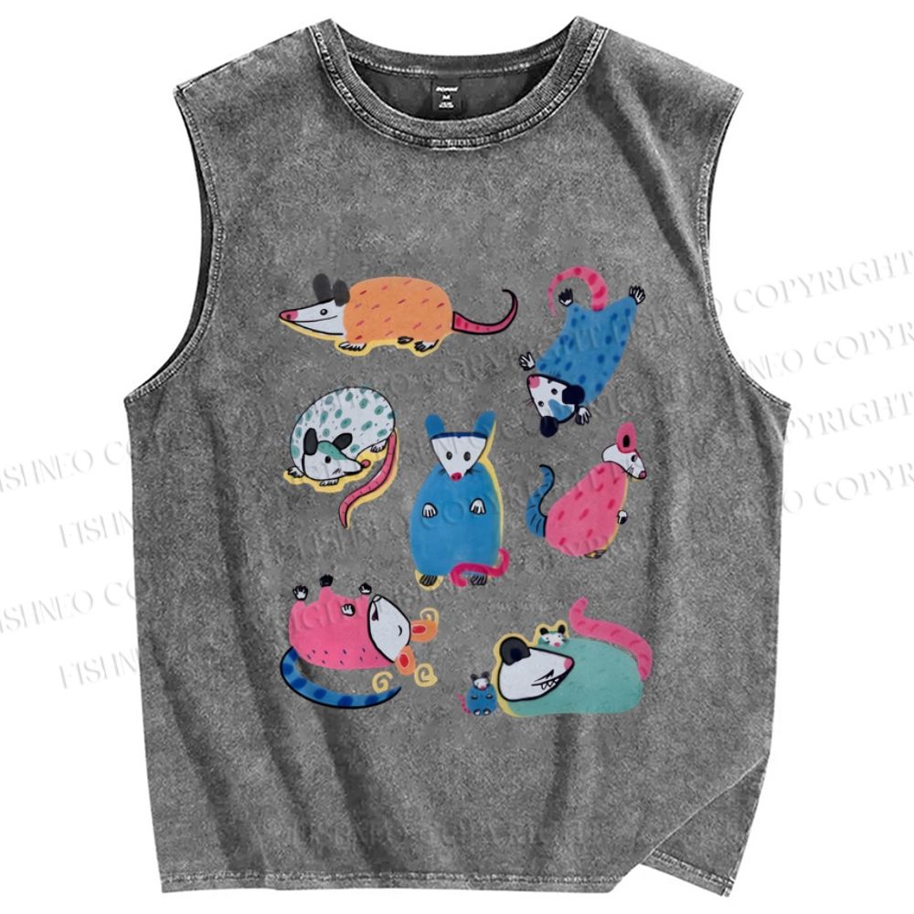 Unisex Cartoon Opossums Printed Washed Tank Top