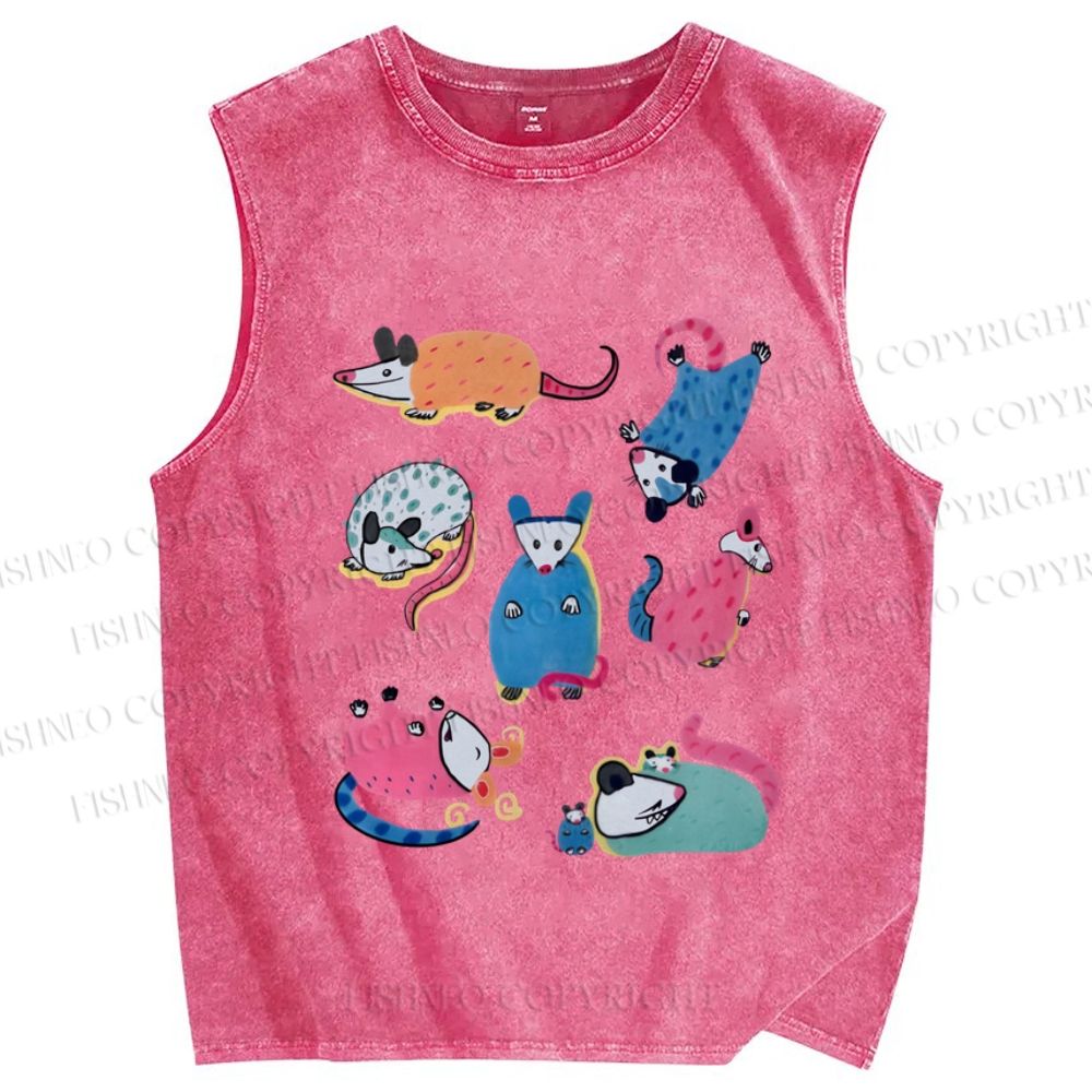 Unisex Cartoon Opossums Printed Washed Tank Top