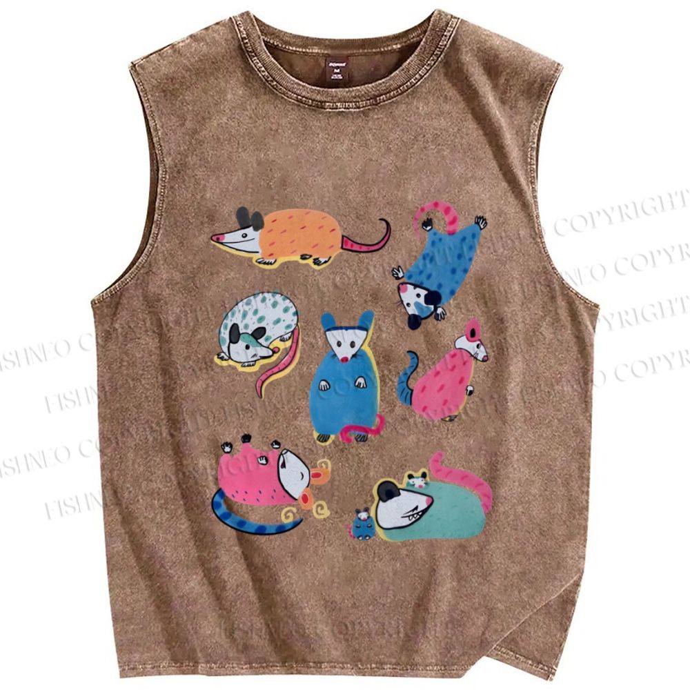 Unisex Cartoon Opossums Printed Washed Tank Top