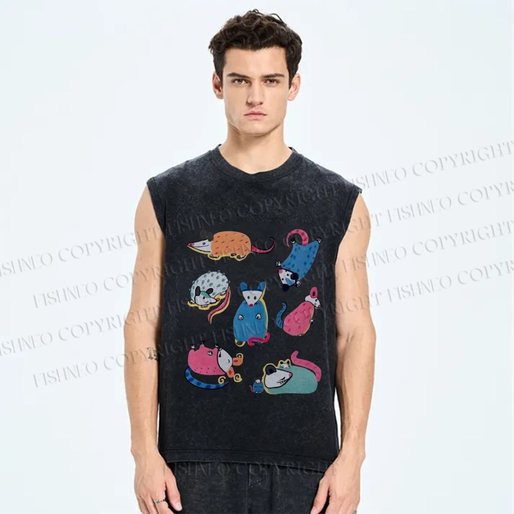 Unisex Cartoon Opossums Printed Washed Tank Top