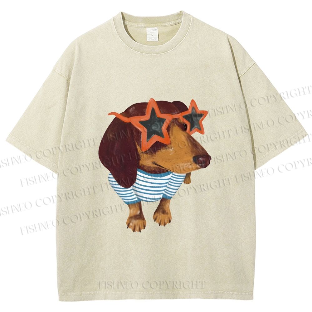 Unisex Funny Dachshund Wearing Star Sunglasses Printed Washed Tee
