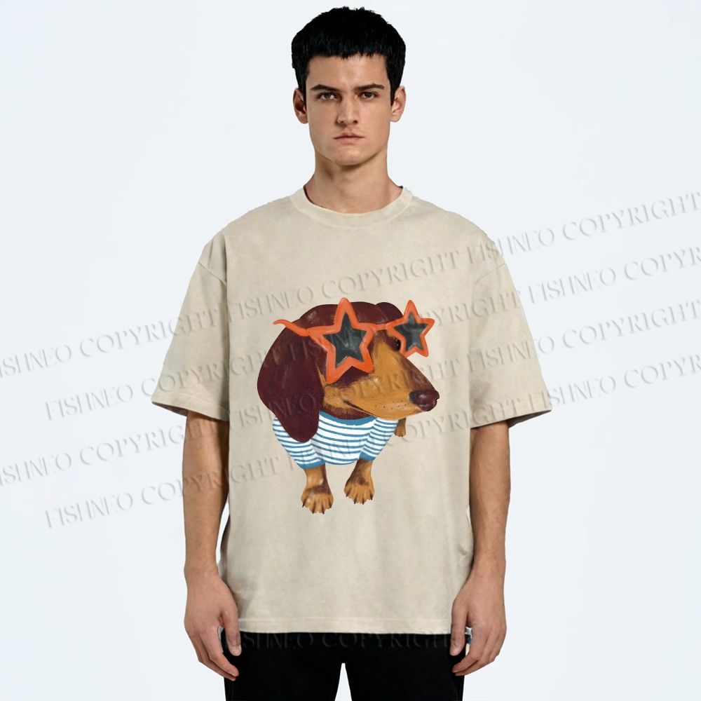 Unisex Funny Dachshund Wearing Star Sunglasses Printed Washed Tee