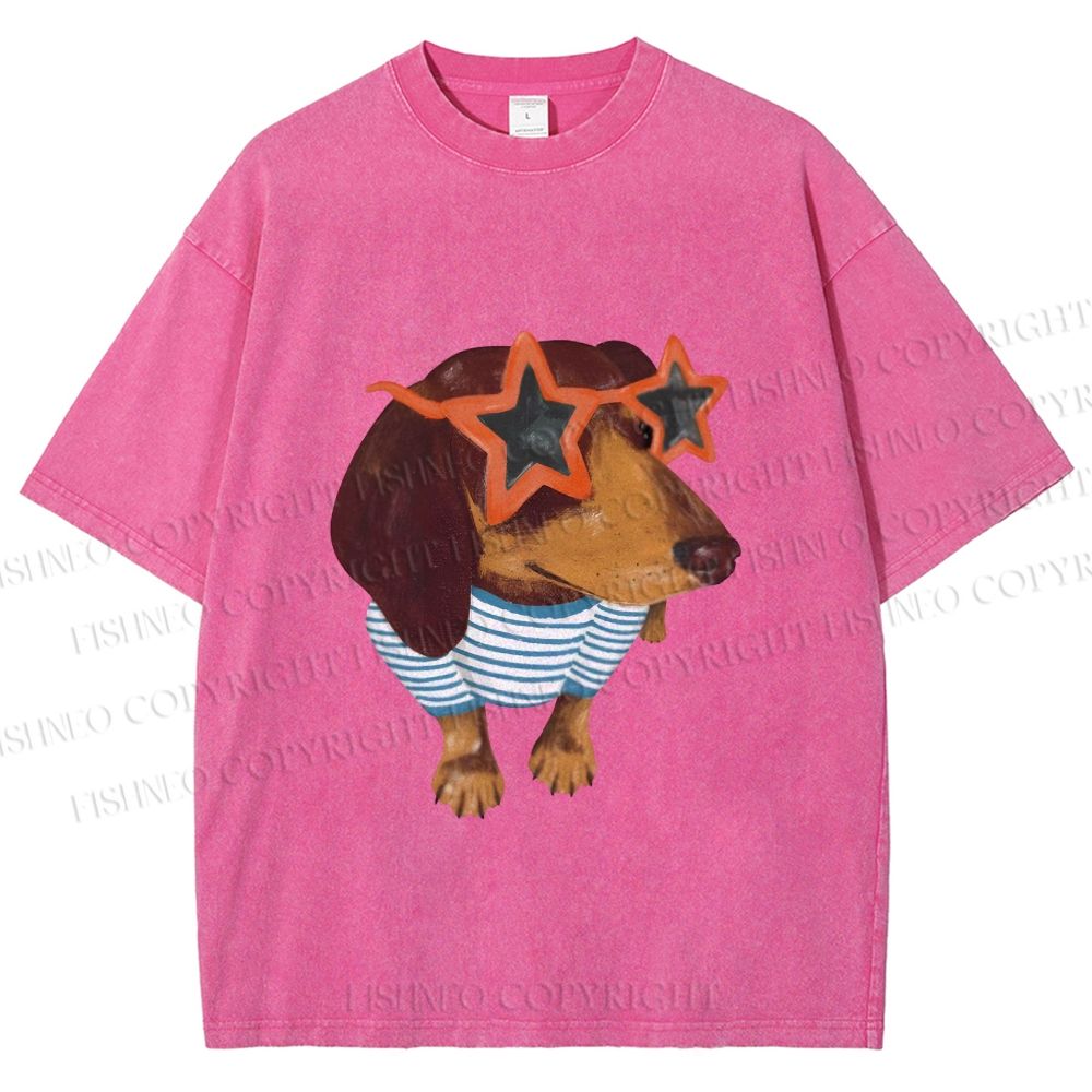 Unisex Funny Dachshund Wearing Star Sunglasses Printed Washed Tee