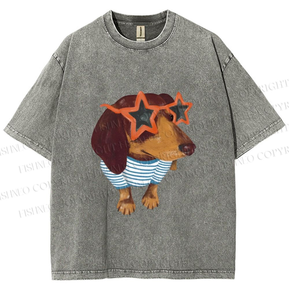Unisex Funny Dachshund Wearing Star Sunglasses Printed Washed Tee