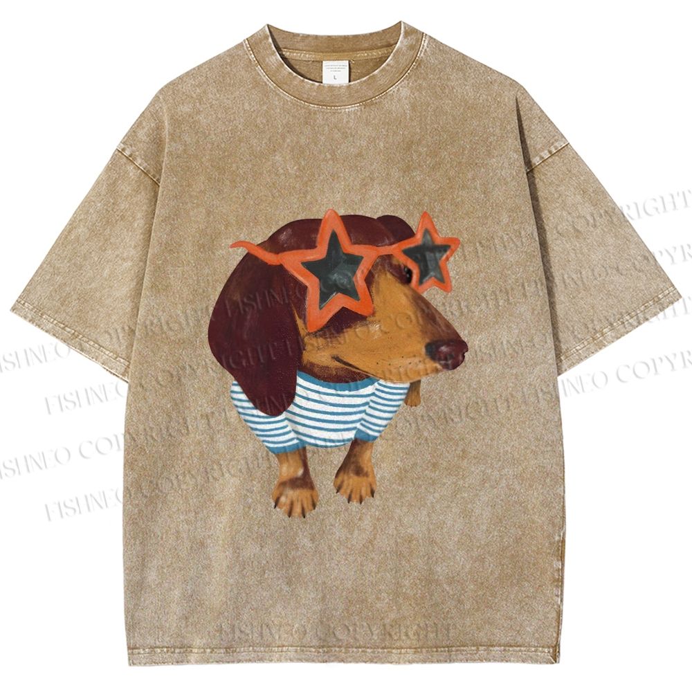 Unisex Funny Dachshund Wearing Star Sunglasses Printed Washed Tee