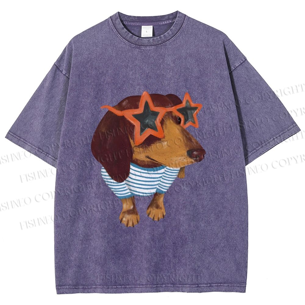 Unisex Funny Dachshund Wearing Star Sunglasses Printed Washed Tee