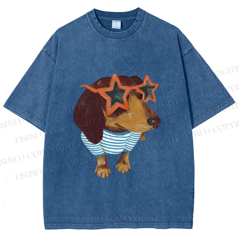 Unisex Funny Dachshund Wearing Star Sunglasses Printed Washed Tee