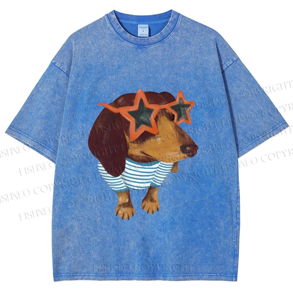 Unisex Funny Dachshund Wearing Star Sunglasses Printed Washed Tee