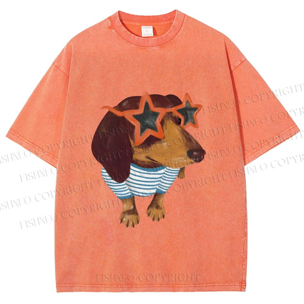 Unisex Funny Dachshund Wearing Star Sunglasses Printed Washed Tee