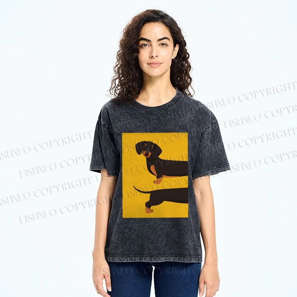 Unisex Dachshund Dog in Half Printed Washed Tee
