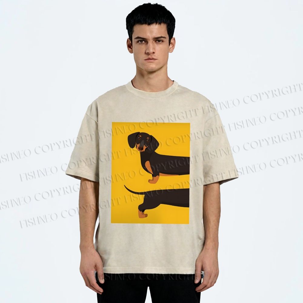 Unisex Dachshund Dog in Half Printed Washed Tee