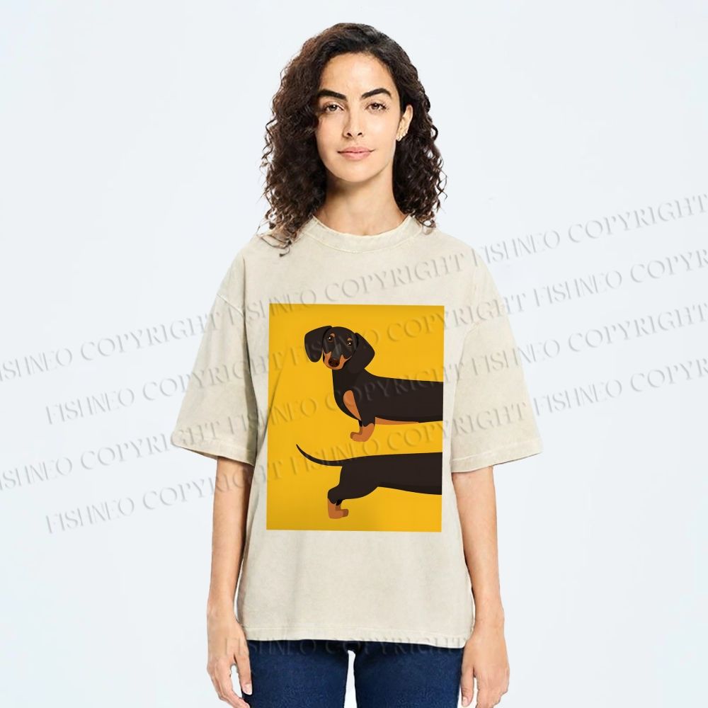 Unisex Dachshund Dog in Half Printed Washed Tee