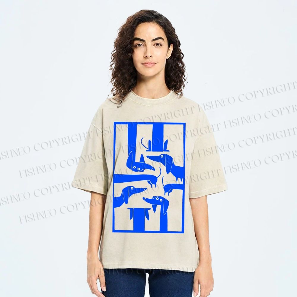 Unisex Geometric Dachshund Dog Printed Washed Tee