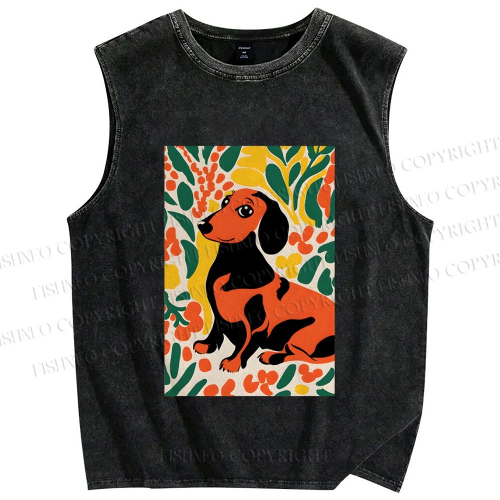 Unisex Flower Dog Printed Washed Tank Top
