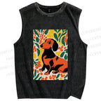 Unisex Flower Dog Printed Washed Tank Top