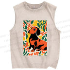 Unisex Flower Dog Printed Washed Tank Top