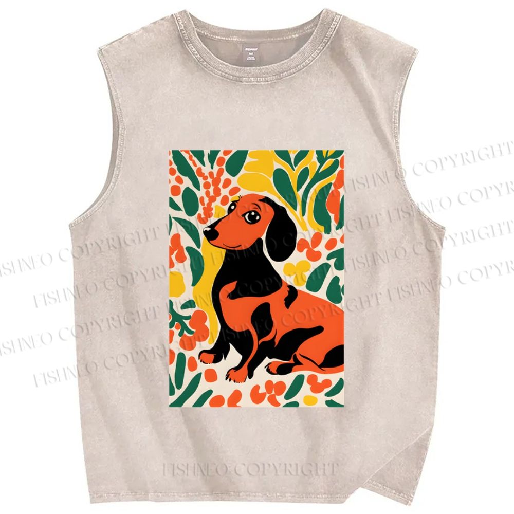 Unisex Flower Dog Printed Washed Tank Top