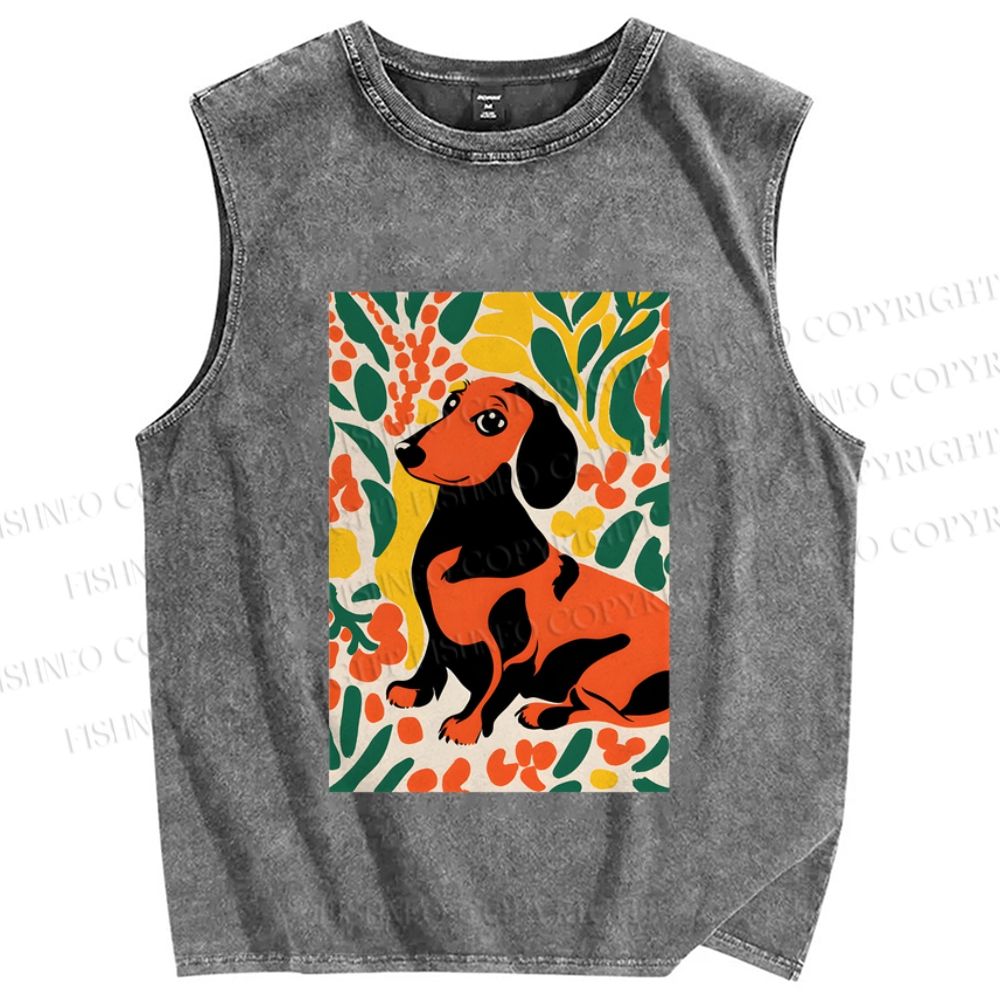 Unisex Flower Dog Printed Washed Tank Top