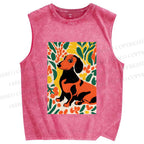 Unisex Flower Dog Printed Washed Tank Top