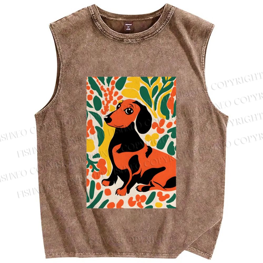 Unisex Flower Dog Printed Washed Tank Top
