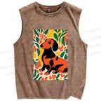 Unisex Flower Dog Printed Washed Tank Top