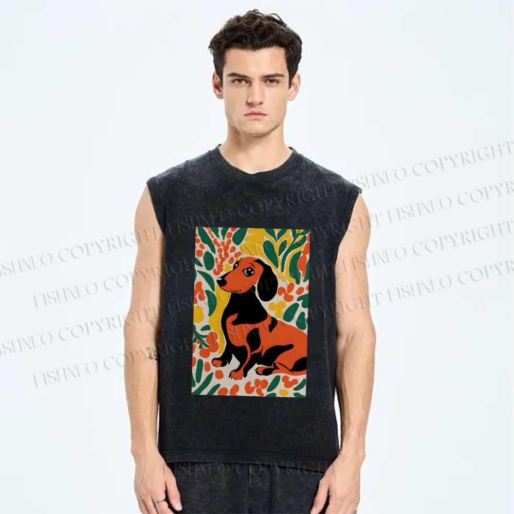 Unisex Flower Dog Printed Washed Tank Top