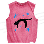 Unisex Star Cat Printed Washed Tank Top