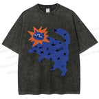 Unisex Artistic Three-Eyed Cat Printed Washed Tee