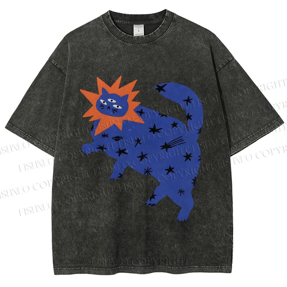 Unisex Artistic Three-Eyed Cat Printed Washed Tee