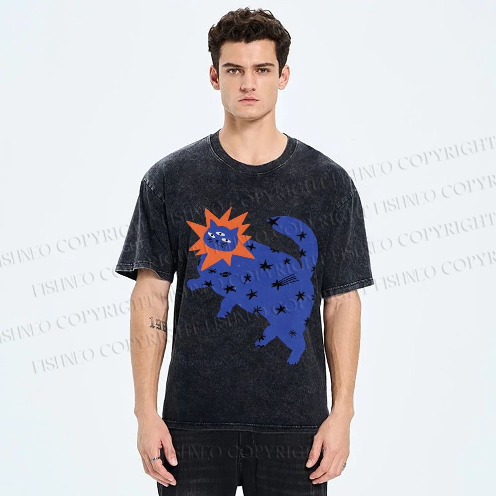 Unisex Artistic Three-Eyed Cat Printed Washed Tee