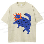 Unisex Artistic Three-Eyed Cat Printed Washed Tee