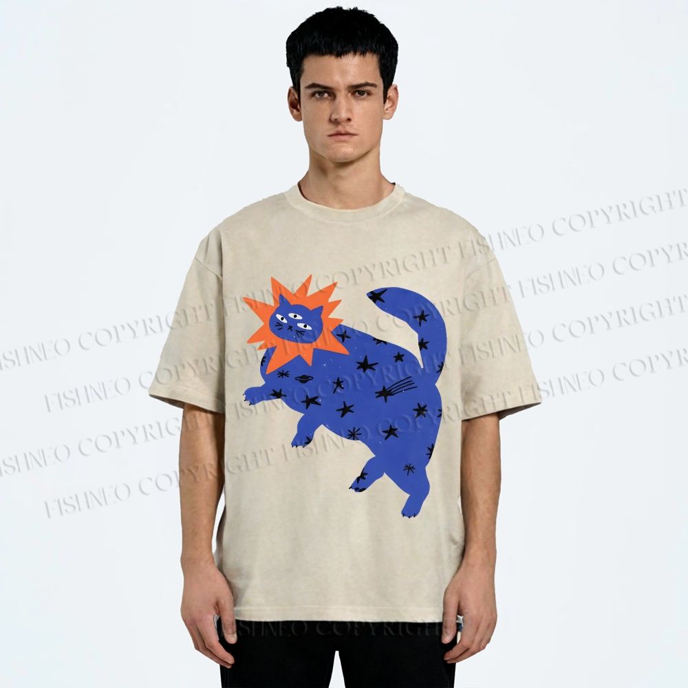 Unisex Artistic Three-Eyed Cat Printed Washed Tee