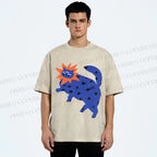 Unisex Artistic Three-Eyed Cat Printed Washed Tee