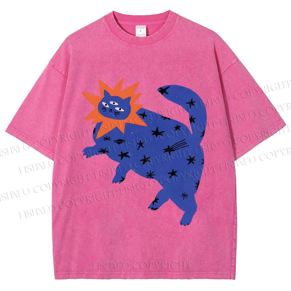 Unisex Artistic Three-Eyed Cat Printed Washed Tee