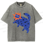Unisex Artistic Three-Eyed Cat Printed Washed Tee