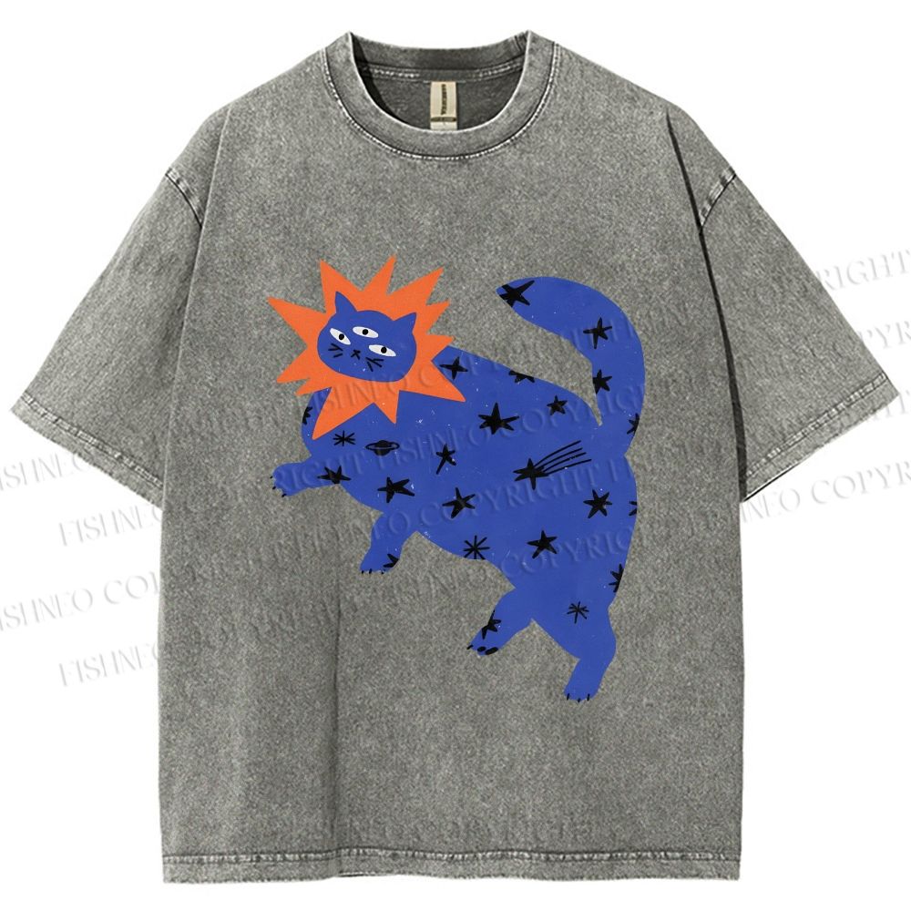 Unisex Artistic Three-Eyed Cat Printed Washed Tee