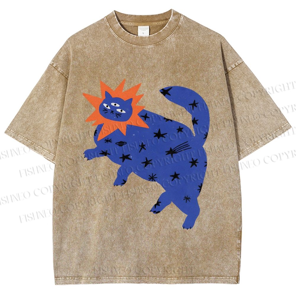 Unisex Artistic Three-Eyed Cat Printed Washed Tee