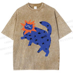 Unisex Artistic Three-Eyed Cat Printed Washed Tee