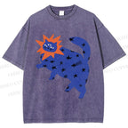 Unisex Artistic Three-Eyed Cat Printed Washed Tee