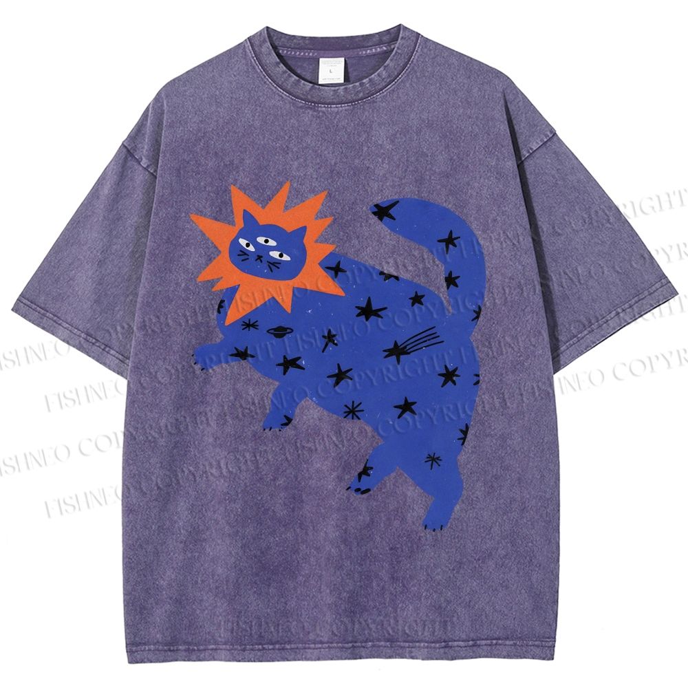 Unisex Artistic Three-Eyed Cat Printed Washed Tee