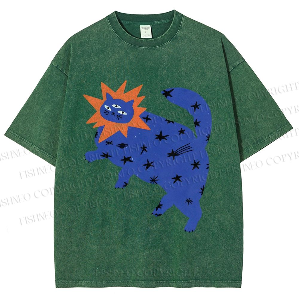 Unisex Artistic Three-Eyed Cat Printed Washed Tee